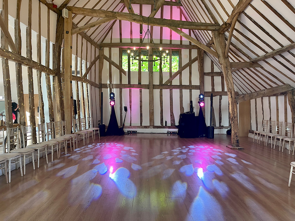 Venue Lighting Setup at Colville Hall – Essex Wedding DJ - James Barlow - Wedding Singer Evening lighting setup at Colville Hall in Essex, provided by wedding DJ and entertainer James Barlow for a stylish and atmospheric reception