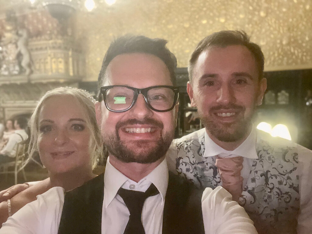 James Barlow with Bride and Groom – Carlton Towers, North Yorkshire - James Barlow - Wedding Singer James Barlow with the bride and groom at Carlton Towers in Goole, North Yorkshire, after performing as their wedding singer and DJ