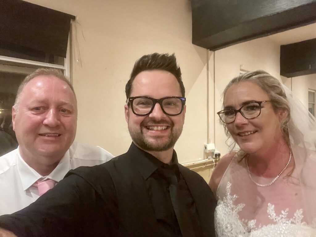 James Barlow with Bride and Groom – The Bowman, Nottingham - James Barlow - Wedding Singer James Barlow pictured with the bride and groom at The Bowman in Nottingham after providing live music and DJ entertainment for their wedding